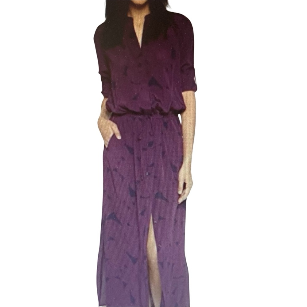 VINCE | Purple Silk Band Collar Belted Maxi Shirt Dress XS NWT
